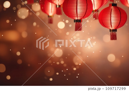 AI-generated content. Chinese New Year photo realistic Lantern on glitter gold paper Background. Generative AI 109717299