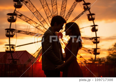AI-generated content. Romantic couple kissing in front of seaside pier Ferris wheel at sunset. Generative AI AI-generated content. Romantic couple kissing in front of seaside pier Ferris wheel at sunset. Generative AI 109717300