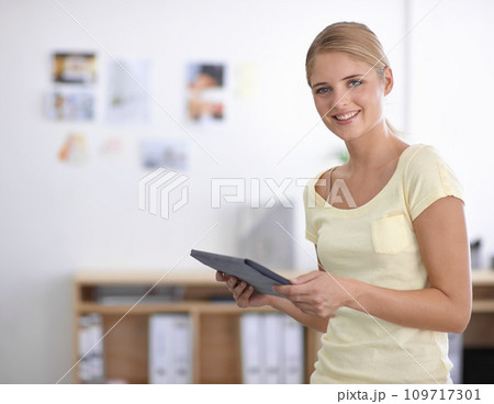 Woman, portrait and tablet for online connection or technology communication, social media or internet. Female person, digital device for network research for keyboard conversation, email or project Woman, portrait and tablet for online connection or technology communication, social media or internet. Female person, digital device for network research for keyboard conversation, email or project 109717301