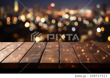 AI-generated content. Empty wooden table with blurred background with a city with fireworks on New Year. Generative AI 109717311