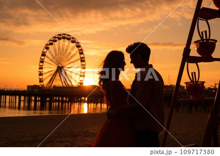 AI-generated content. Romantic couple kissing in front of seaside pier Ferris wheel at sunset. Generative AI 109717380