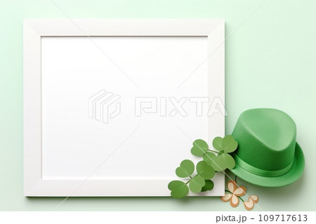 AI-generated content. Flat design St. patrick's day, festive leprechaun green shamrocks on photo frame. Generative AI 109717613