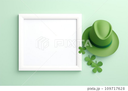 AI-generated content. Flat design St. patrick's day, festive leprechaun green shamrocks on photo frame. Generative AI 109717628