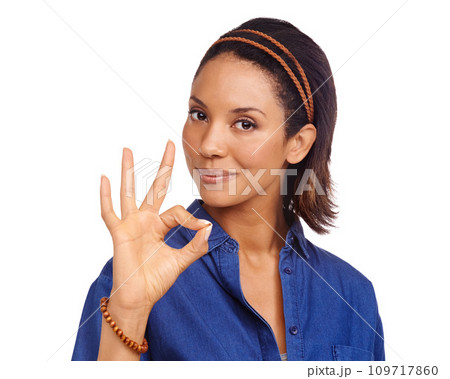 White background, portrait or black woman with perfect hand sign for support, agreement or feedback. Good review, face or person in studio with opinion or okay gesture for approval, like or yes icon 109717860