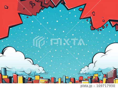 Pop art halftone background. Comic starburst pattern. Blue banner with star speech bubble 109717930