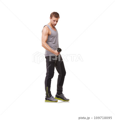 Fitness, white background or man with dumbbells training, exercise or workout for body or wellness. Mockup space, studio or healthy athlete bodybuilder weightlifting for strong biceps muscle or power 109718095