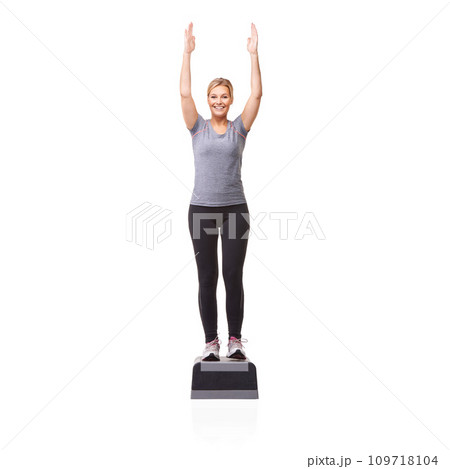 Exercise, woman and aerobics with balance, portrait and wellness isolated on a white studio background. Person, girl and model with steps, fitness and training with cardio, routine and mockup space 109718104