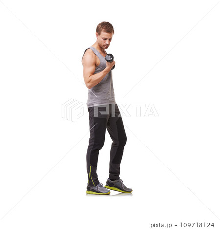Fitness, white background or man in dumbbells exercise, training or workout for body or wellness. Mockup space, studio or healthy athlete bodybuilder weightlifting for strong biceps muscle or power Fitness, white background or man in dumbbells exercise, training or workout for body or wellness. Mockup space, studio or healthy athlete bodybuilder weightlifting for strong biceps muscle or power 109718124