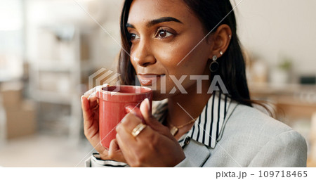 Business woman, coffee and thinking, ideas and future with morning routine with inspiration and calm. Mindfulness, caffeine or espresso drink, corporate employee with problem solving and solution Business woman, coffee and thinking, ideas and future with morning routine with inspiration and calm. Mindfulness, caffeine or espresso drink, corporate employee with problem solving and solution 109718465