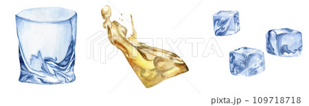 Watercolor empty transparent glass with thick bottom , whiskey in motion and ice cubes. Hand drawn beverage set for bar, menu, restaurant design. Drinking glass clip art Watercolor empty transparent glass with thick bottom , whiskey in motion and ice cubes. Hand drawn beverage set for bar, menu, restaurant design. Drinking glass clip art 109718718