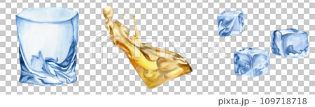Watercolor empty transparent glass with thick bottom , whiskey in motion and ice cubes. Hand drawn beverage set for bar, menu, restaurant design. Drinking glass clip art Watercolor empty transparent glass with thick bottom , whiskey in motion and ice cubes. Hand drawn beverage set for bar, menu, restaurant design. Drinking glass clip art 109718718