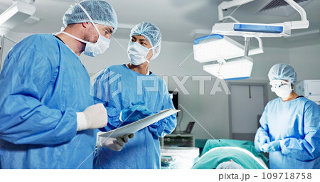Hospital, surgeon or patient for surgery, operating room or chart. Operation, medical or diagnosis for chart, explaining or nurse to help, healthcare, check or discussion for care, job or procedure 109718758