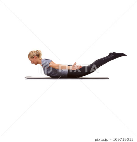Woman, back extension and stretching for fitness, workout and flexible body in studio on mockup white background. Yoga, profile and strong lady balance on floor for core, training and locust exercise 109719013