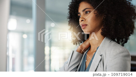 Neck pain, business and black woman with stress and burnout in office and massage muscle or joint at desk. African employee, person and administrator overworked, tired and anxiety with work injury Neck pain, business and black woman with stress and burnout in office and massage muscle or joint at desk. African employee, person and administrator overworked, tired and anxiety with work injury 109719014