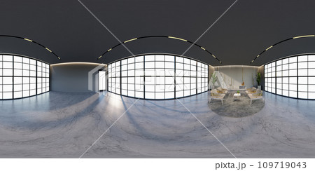 3D illustration of 360 degree rendering featuring gold and white themed hotel lounge. 3D illustration of 360 degree rendering featuring gold and white themed hotel lounge. 109719043