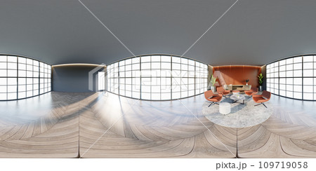 3D illustration of 360 degree rendering featuring apricot themed hotel lounge. 109719058