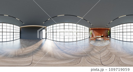 3D illustration of 360 degree rendering featuring apricot themed hotel lounge. 3D illustration of 360 degree rendering featuring apricot themed hotel lounge. 109719059