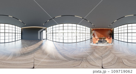 3D illustration of 360 degree rendering featuring apricot themed hotel lounge. 3D illustration of 360 degree rendering featuring apricot themed hotel lounge. 109719062