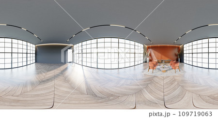 3D illustration of 360 degree rendering featuring apricot themed hotel lounge. 109719063