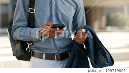 Hands, phone or businessman in city on social media to chat on internet post or website notification. News info, walking or closeup of entrepreneur texting, networking or typing online on mobile app 109719065