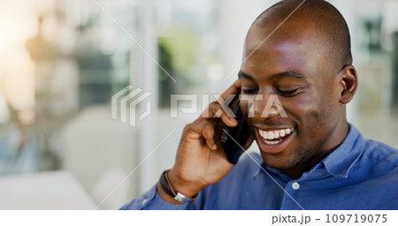 Man, laughing and phone call with client, communication and office for discussion, chat and networking. Civil engineer, conversation and happiness with project, progress and planning business mockup Man, laughing and phone call with client, communication and office for discussion, chat and networking. Civil engineer, conversation and happiness with project, progress and planning business mockup 109719075