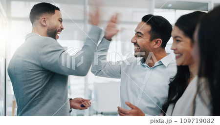 Businessman, high five and applause in team planning, brainstorming or motivation together at office. Business people clapping in celebration, meeting or teamwork collaboration for ideas at workplace 109719082