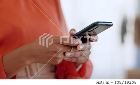 Hands, phone and closeup with typing in office, email or chat with notification, networking or post online. Planning schedule, click and social network app with check, business website and smartphone Hands, phone and closeup with typing in office, email or chat with notification, networking or post online. Planning schedule, click and social network app with check, business website and smartphone 109719208