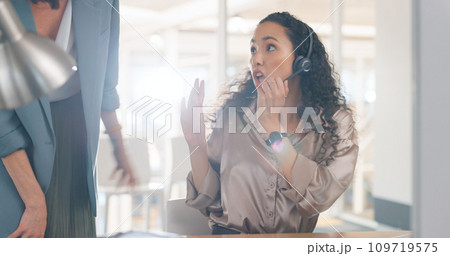 Problem, error or mistake with a woman in a call center for customer service, support or telemarketing. Contact us, crm and question with a serious young employee busy working in a sales office Problem, error or mistake with a woman in a call center for customer service, support or telemarketing. Contact us, crm and question with a serious young employee busy working in a sales office 109719575