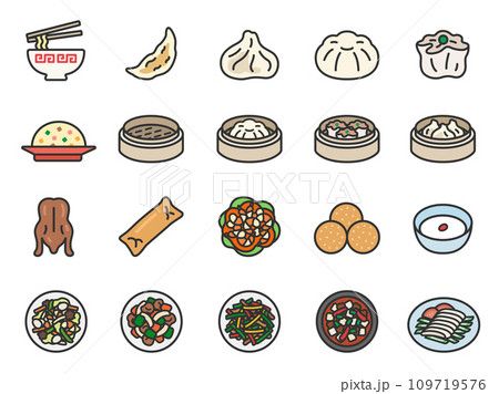 いろいろな、中華料理のアイコン(線画カラー)のイラストセット いろいろな、中華料理のアイコン(線画カラー)のイラストセット 109719576
