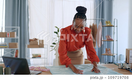 Fashion, designer and black woman with fabric for clothing brand, texture and pattern in workshop. Retail, boutique and person with material for creative startup, small business and store in studio 109719708