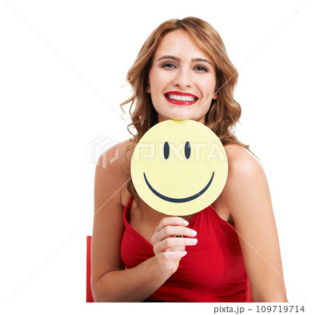 Portrait, woman and smile emoji on paper in studio for good opinion, positive emotion and white background. Model show circle sign with happy face for joy, emoticon reaction or review on social media 109719714