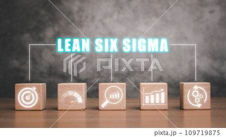 Lean Six Sigma concept, Wooden block on wooden desk with lean six sigma icon on virtual screen, define, measure, analyze, improve, and control. Lean Six Sigma concept, Wooden block on wooden desk with lean six sigma icon on virtual screen, define, measure, analyze, improve, and control. 109719875