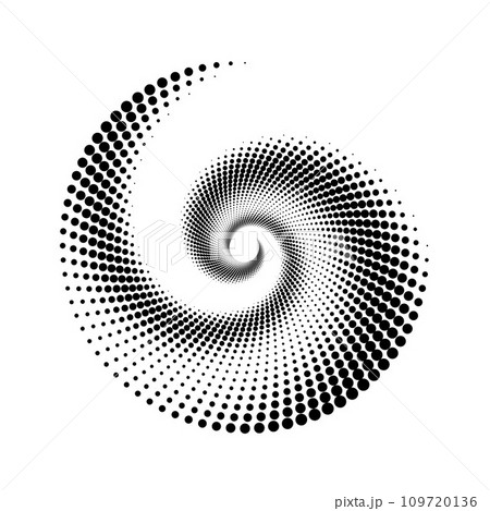 Dotted spiral lines element. Radial spinning halftone form. Circle swirl dots shape. Abstract geometric background for poster, banner, logo, icon, collage, brochure, presentation, booklet. Vector sign 109720136