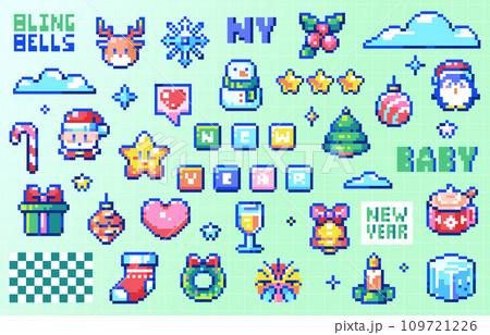 Pixel art New Year and Xmas Element Set. 8bit Retro Game Elements like Present Box, Santa, Rudolph Reindeer, Ornaments and Toys, Candle, Sock. Vector Graphic For Game, Decoration, Emoji, Stickers. Pixel art New Year and Xmas Element Set. 8bit Retro Game Elements like Present Box, Santa, Rudolph Reindeer, Ornaments and Toys, Candle, Sock. Vector Graphic For Game, Decoration, Emoji, Stickers. 109721226