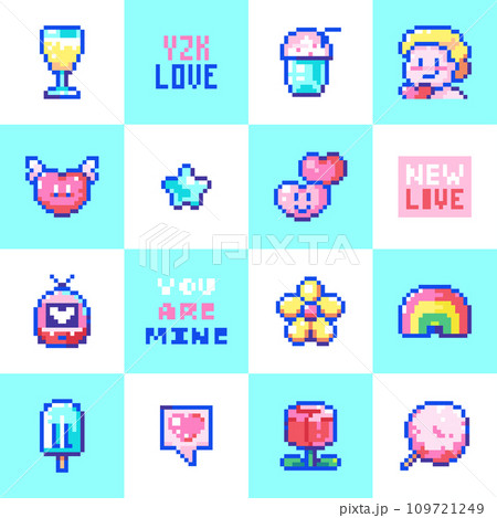 Pixel Art Style Valentine's Day Seamless Pattern with 8Bit Cute Elements and Sweets - Romantic Digital Background. White and Blue Color, Cupid, Flowers, Heart with wings, Cotton Candy, Rainbow. 109721249