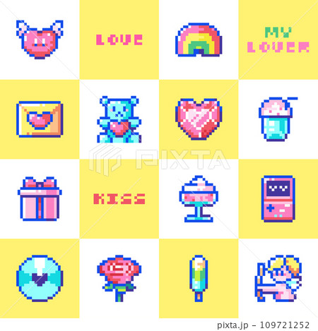 Cute Pixel Art Valentine's Day Seamless Pattern - 8 bit Love Icons and Romantic Symbols for Digital Design and Textiles. Pixel art Rainbow, Letter, Teddy Bear, Gift, Kiss, Dessert, Candy, Rose. 109721252