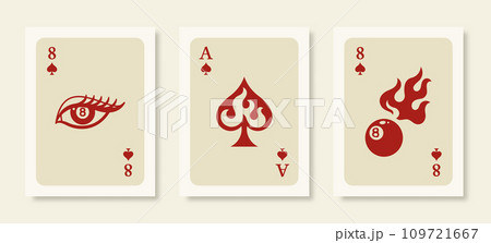 Playing Cards Posters. Retro Wall Art Prints Set with Ace in Flames, 8 Ball Billiards Pool in Fire and Eye 109721667