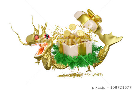 3d open gift box empty with gold dragon, dollar coins stacks, wreath pine leaves. chinese new year 2024 capricorn. 3d render illustration 109721677