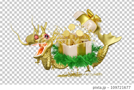 3d open gift box empty with gold dragon, dollar coins stacks, wreath pine leaves. chinese new year 2024 capricorn. 3d render illustration 109721677