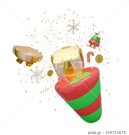 explosion firecracker funnel with open gift box empty, coins, christmas tree, candy cane, snowflake. merry christmas and happy new year, 3d render illustration 109721678