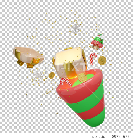 explosion firecracker funnel with open gift box empty, coins, christmas tree, candy cane, snowflake. merry christmas and happy new year, 3d render illustration 109721678