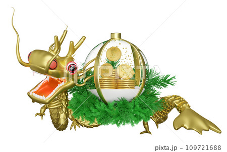 3d snow ball, ornaments glass transparent with gold dragon, dollar coins stacks, pine leaves. chinese new year 2024 capricorn. 3d render illustration 3d snow ball, ornaments glass transparent with gold dragon, dollar coins stacks, pine leaves. chinese new year 2024 capricorn. 3d render illustration 109721688