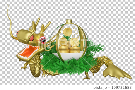 3d snow ball, ornaments glass transparent with gold dragon, dollar coins stacks, pine leaves. chinese new year 2024 capricorn. 3d render illustration 3d snow ball, ornaments glass transparent with gold dragon, dollar coins stacks, pine leaves. chinese new year 2024 capricorn. 3d render illustration 109721688