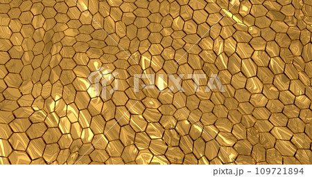 Abstract energy metal gold shiny cells hexagons with waves background 109721894
