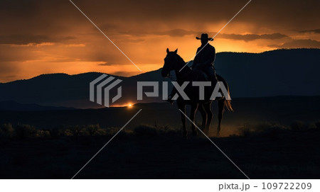 Silhouette of a cowboy with a hat on a horse at sunset 109722209
