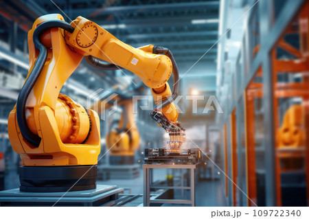 Robotic arm for electronic assembly line. Smart modern factory automation using advanced machines. 109722340