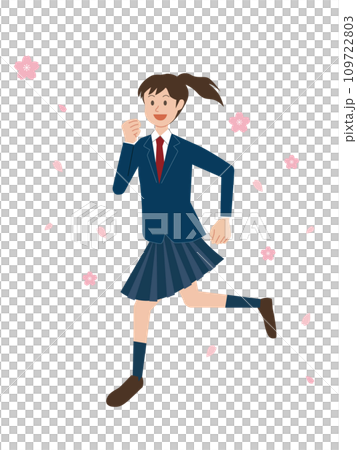 Illustration of a female student running in a cherry blossom snowstorm 109722803