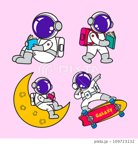 Astronaut cartoon set, animation , flat design, skate board, Vector 109723132