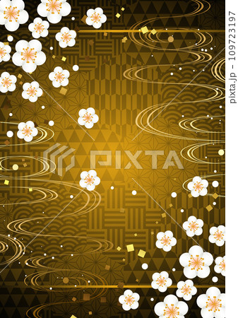 梅、和風、背景、イラスト、デザイン、和柄、シンプル、金色、縦 109723197