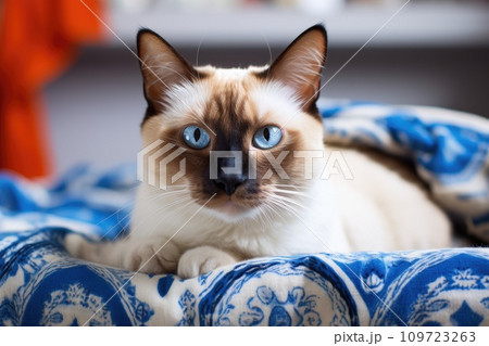 Siamese cat with blue eyes sitting on blanket 109723263